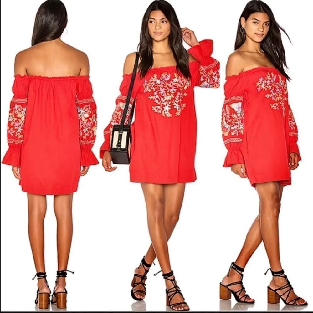Free People Fleur Du Jour Embroidered Mini Dress in Red